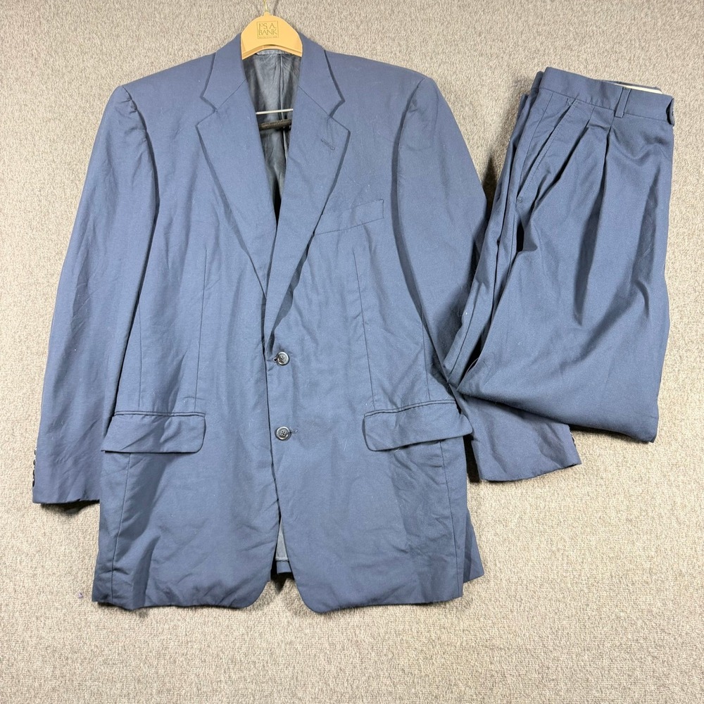 Vintage Hickey Freeman Bespoke Mens Silk Wool Suit 40S 34X28 Blue Pleated *Read